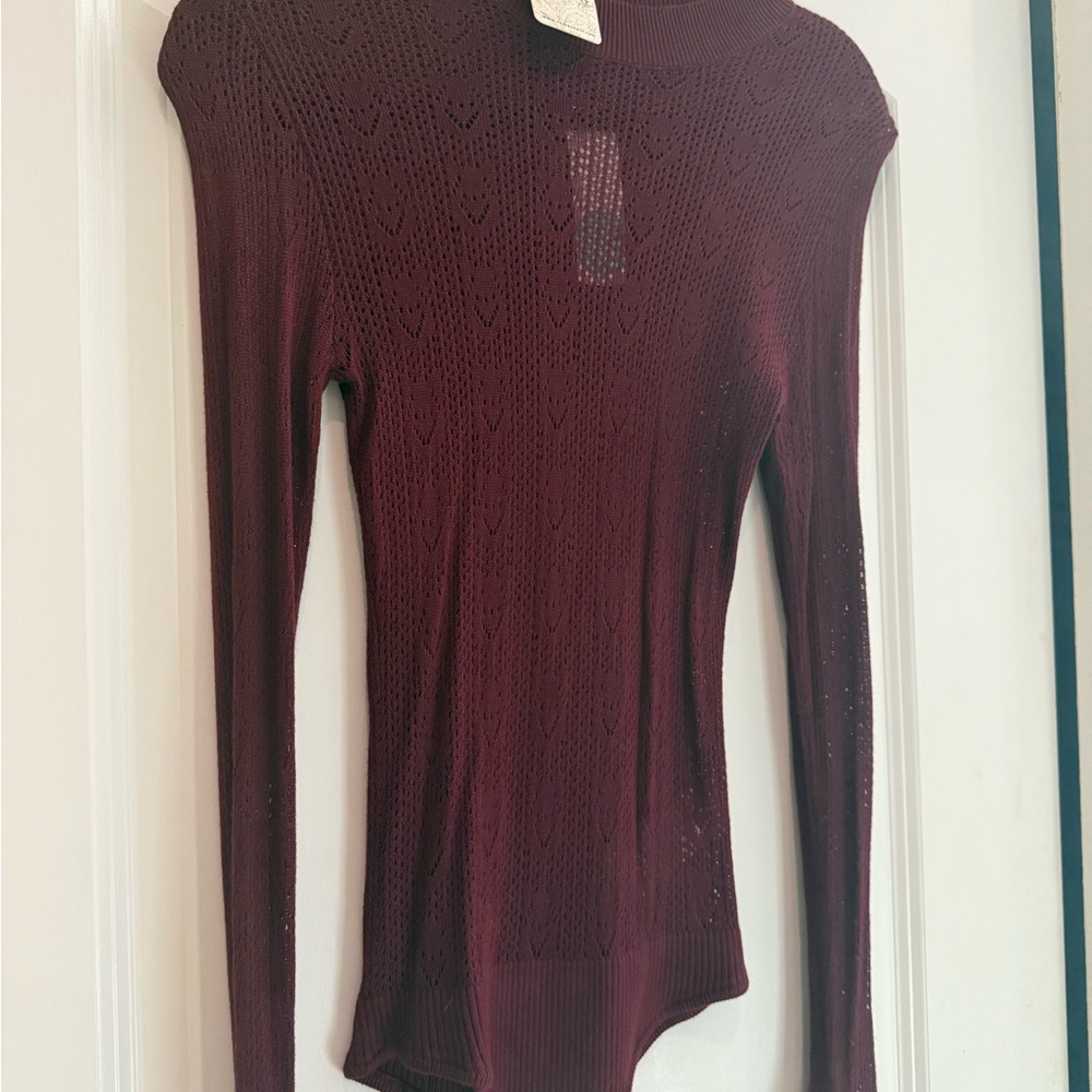 Free People Burgundy Long Sleeve Sheer Knit Bodysuit